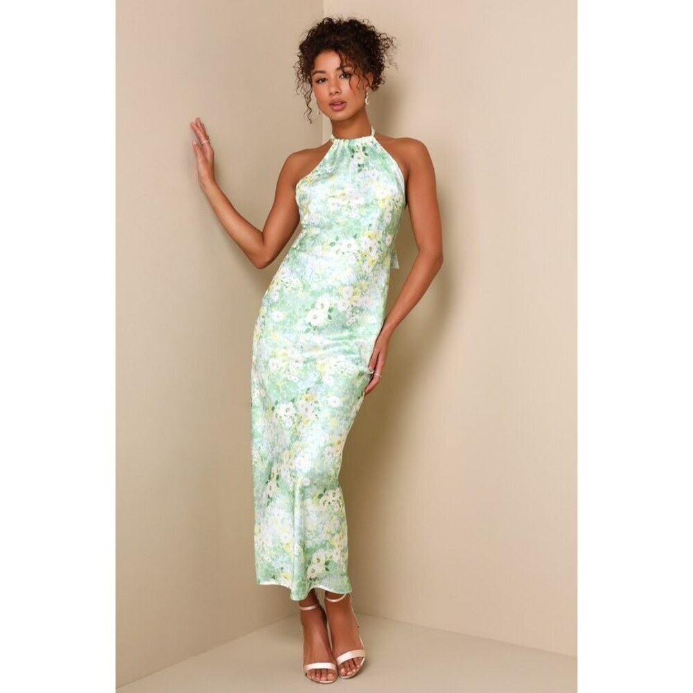 Lulus Glowing Presence Light Green Floral Satin Halter Maxi Dress - Size L